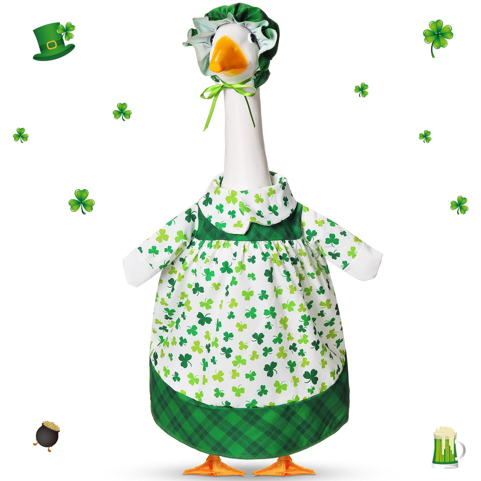 FuWeave shamrock goose outfit on a 17-inch lawn goose boosts curb appeal.