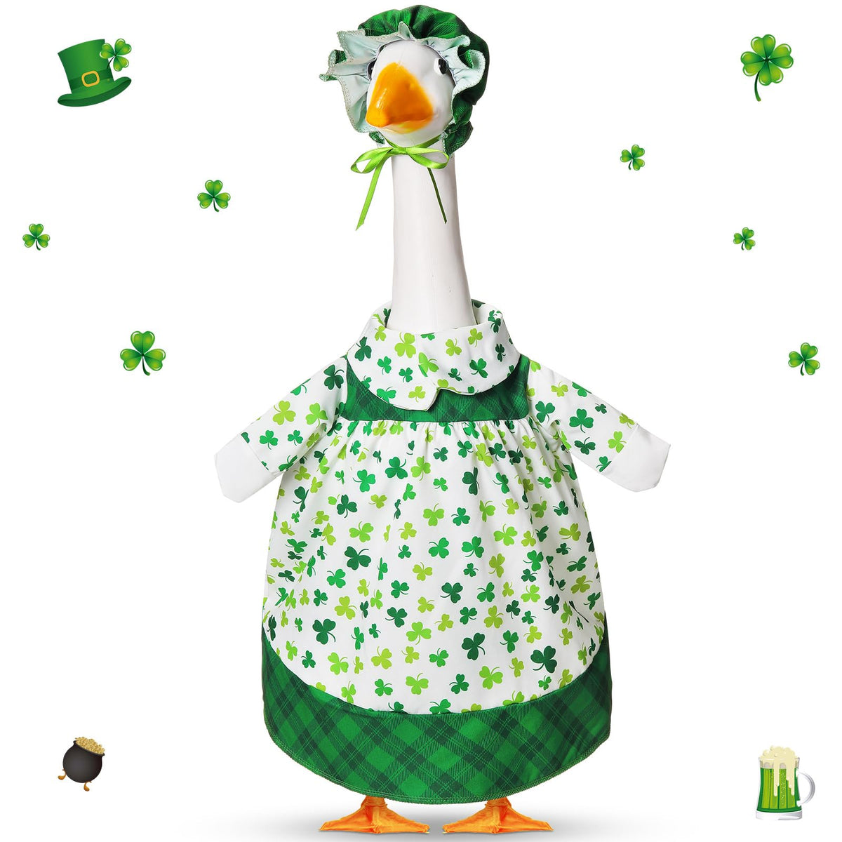 FuWeave shamrock goose outfit on a 17-inch lawn goose boosts curb appeal.