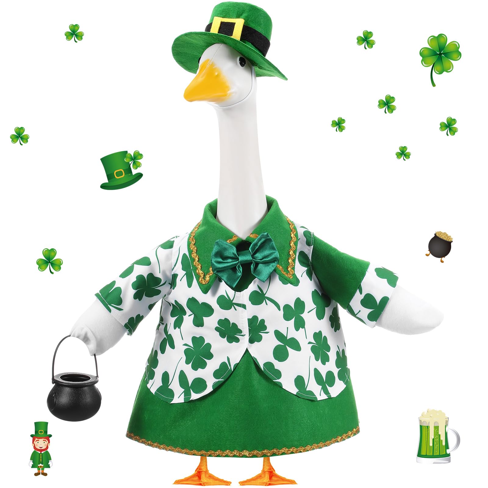 FuWeave st patrick's day shamrock goose outfit on a 23-inch goose for festive curb appeal
