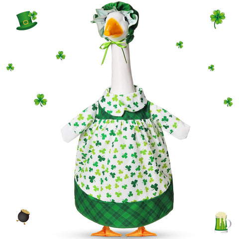 FuWeave shamrock goose outfit on a 17-inch lawn goose boosts curb appeal.
