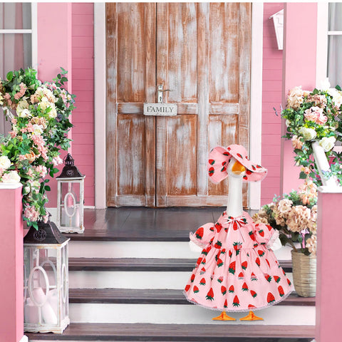 FuWeave lace-trimmed strawberry design elevates outdoor goose displays with whimsy.
