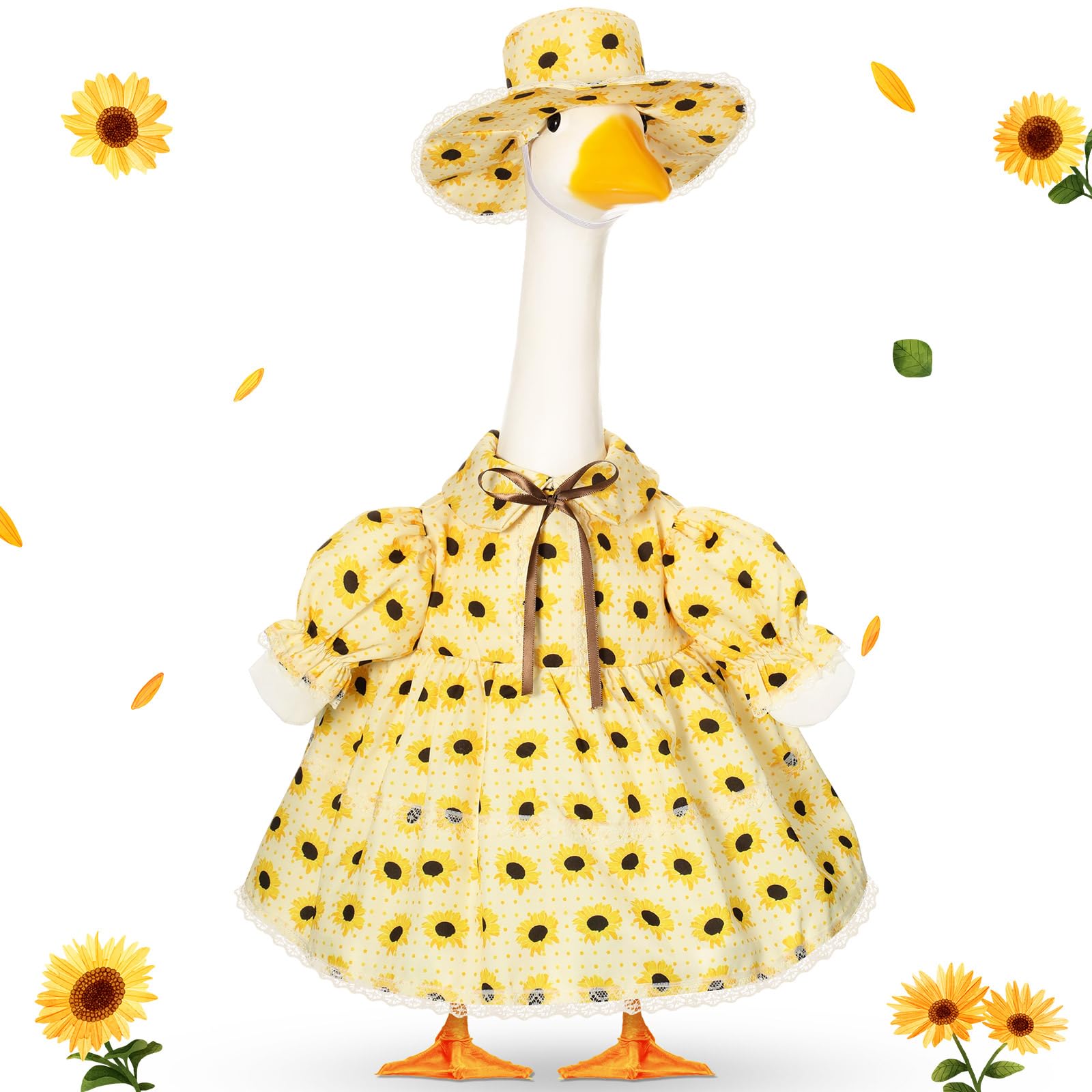 FuWeave sunflower goose skirt outfit on a 23-inch statue goose for summer curb appeal.