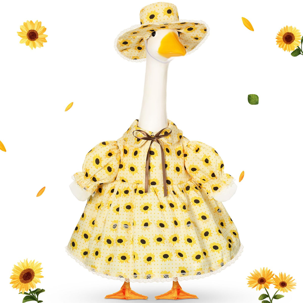 FuWeave sunflower goose skirt outfit on a 23-inch statue goose for summer curb appeal.