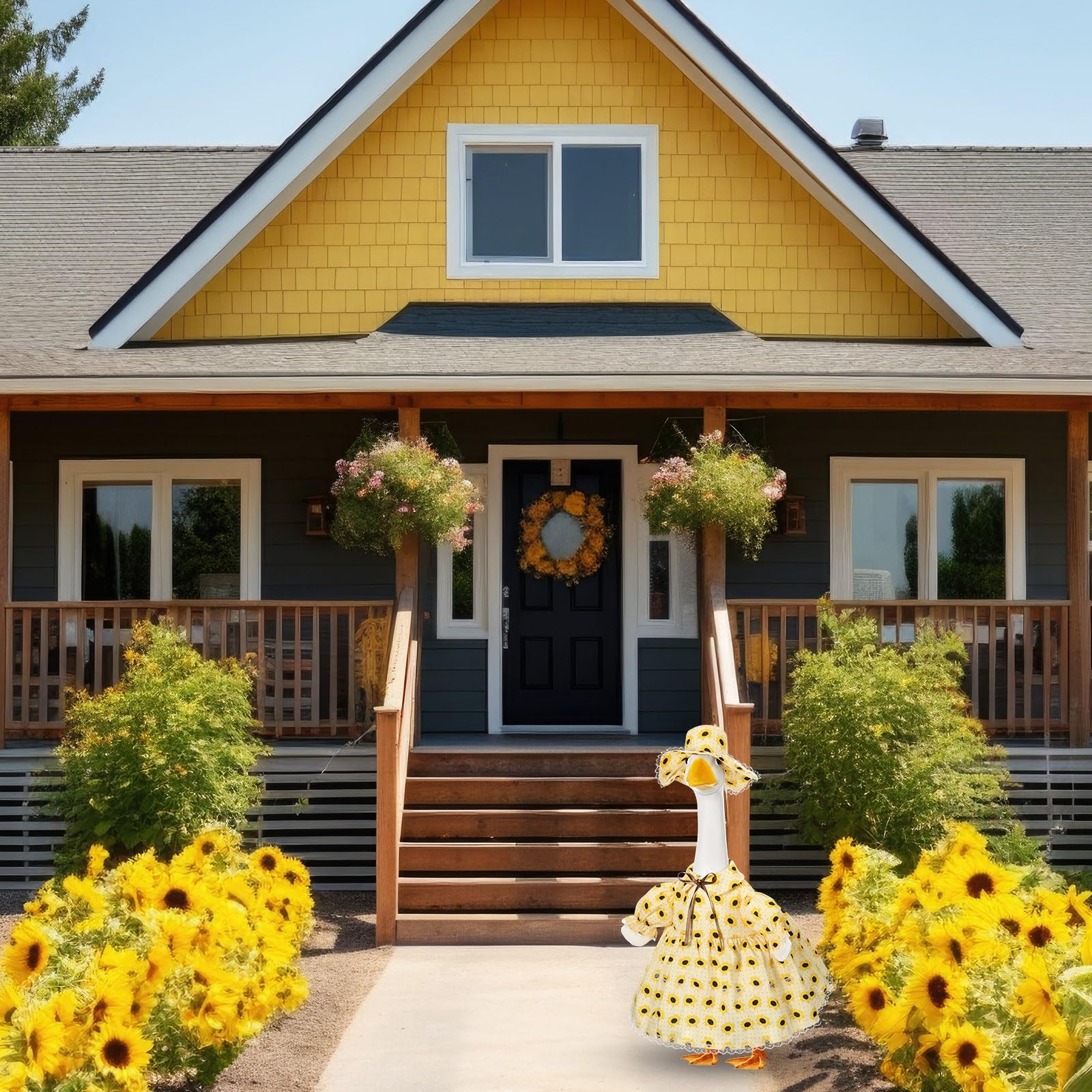 FuWeave sunflower-goose outfit creates a charming focal point in any yard.