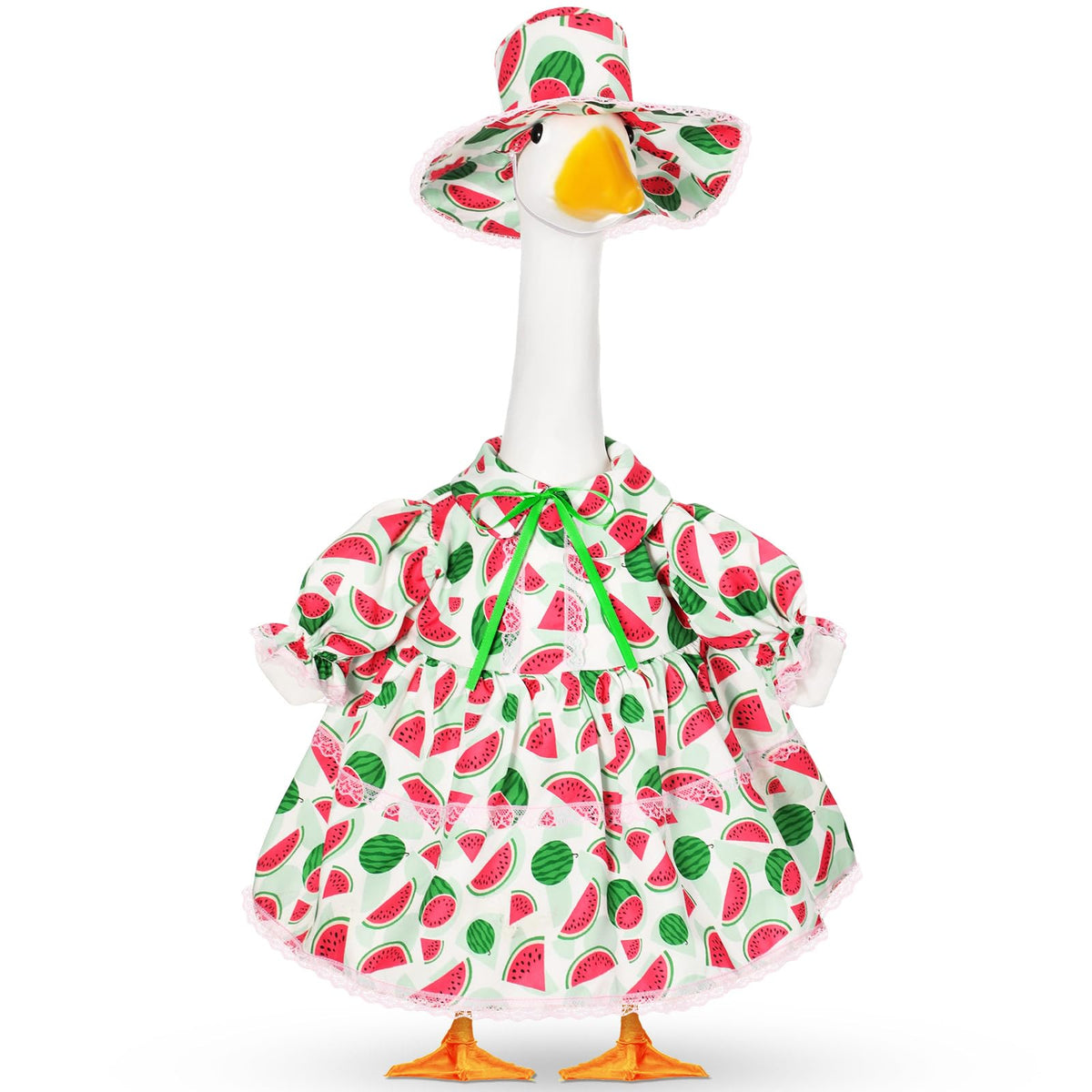 FuWeave Watermelon Porch Goose Outfit with skirt and hat enhances outdoor garden decor
