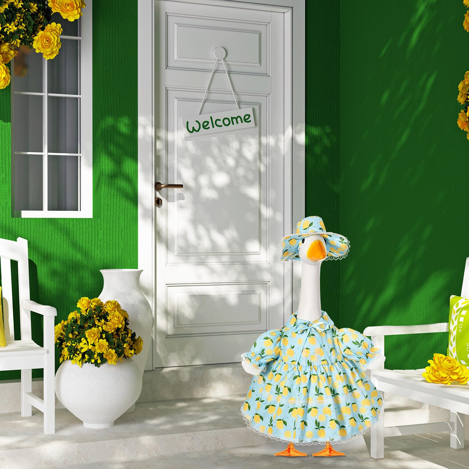 FuWeave goose costume with a wide-brim hat for sun-friendly outdoor decor