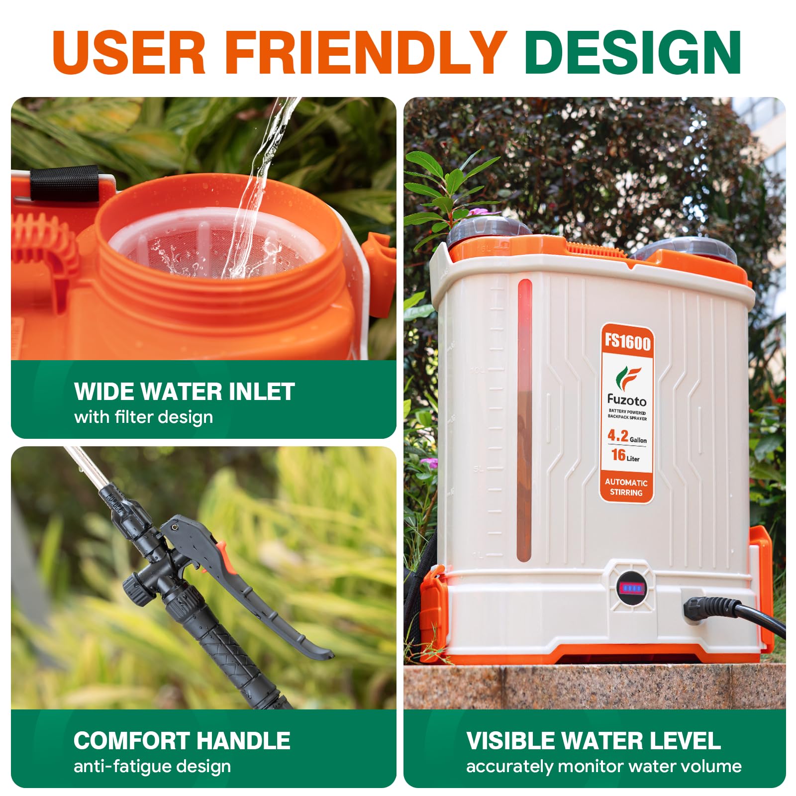 FUZOTO backpack sprayer battery charger included for ready-to-spray power
