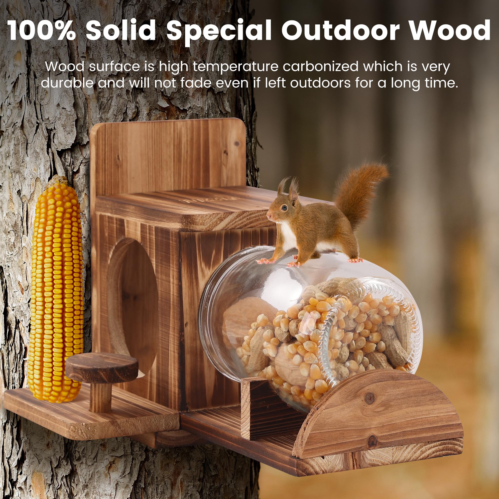 Fuzzipet Wood Squirrel Feeder carbonized brown finish enhances garden decor.