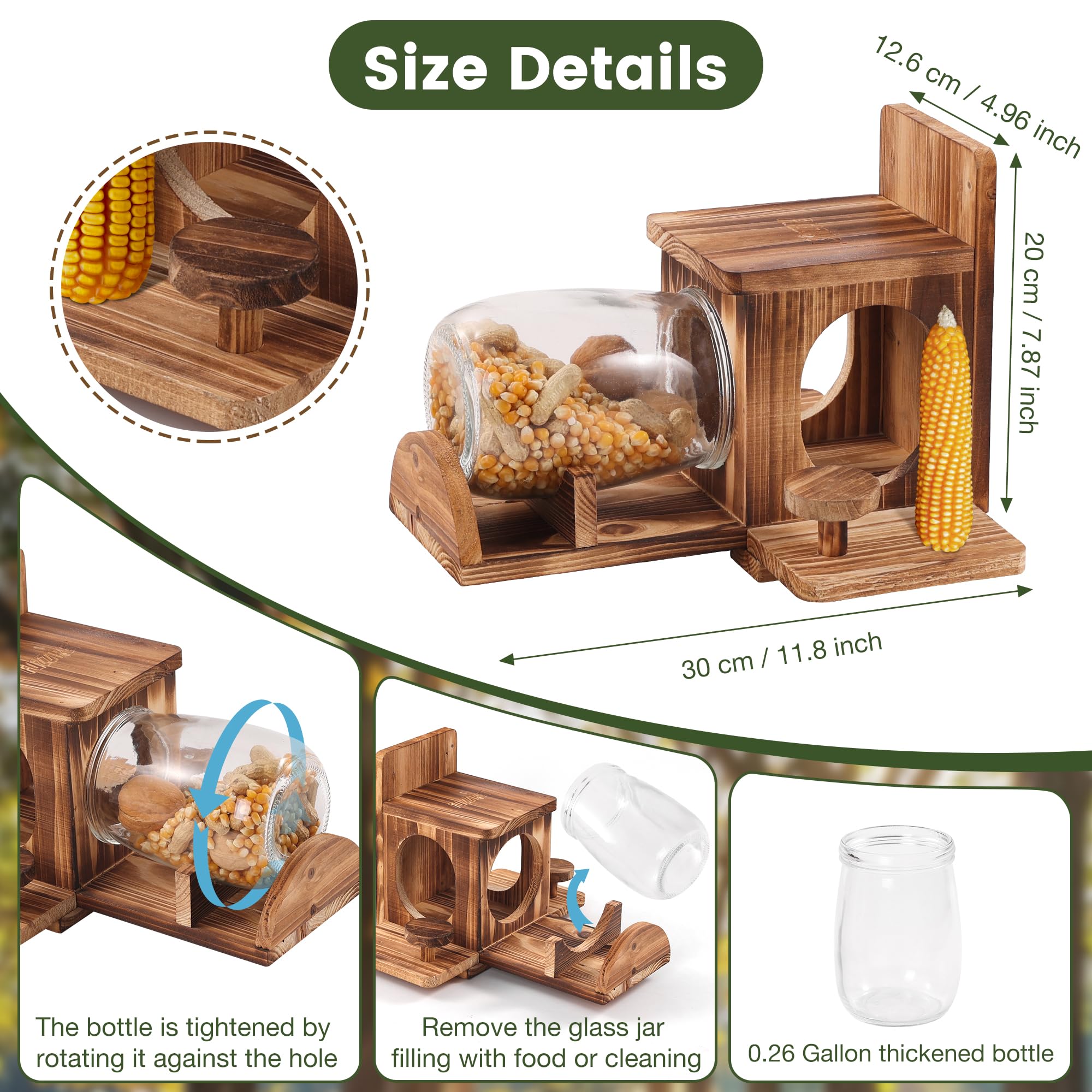Fuzzipet Wood Squirrel Feeder with glass jar to monitor food levels.