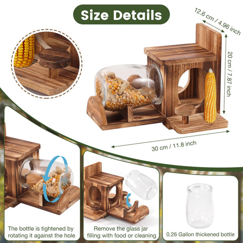 Fuzzipet Wood Squirrel Feeder with glass jar to monitor food levels.