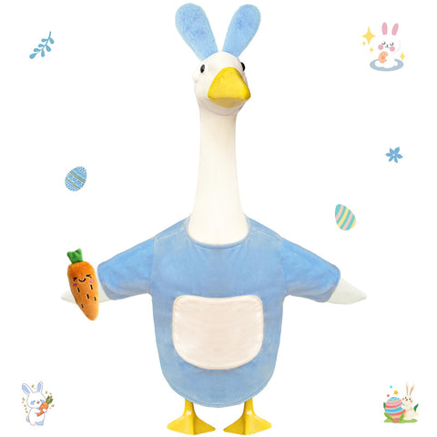 Fuzzivator Easter goose outfit with bunny ears hat enhances porch decor