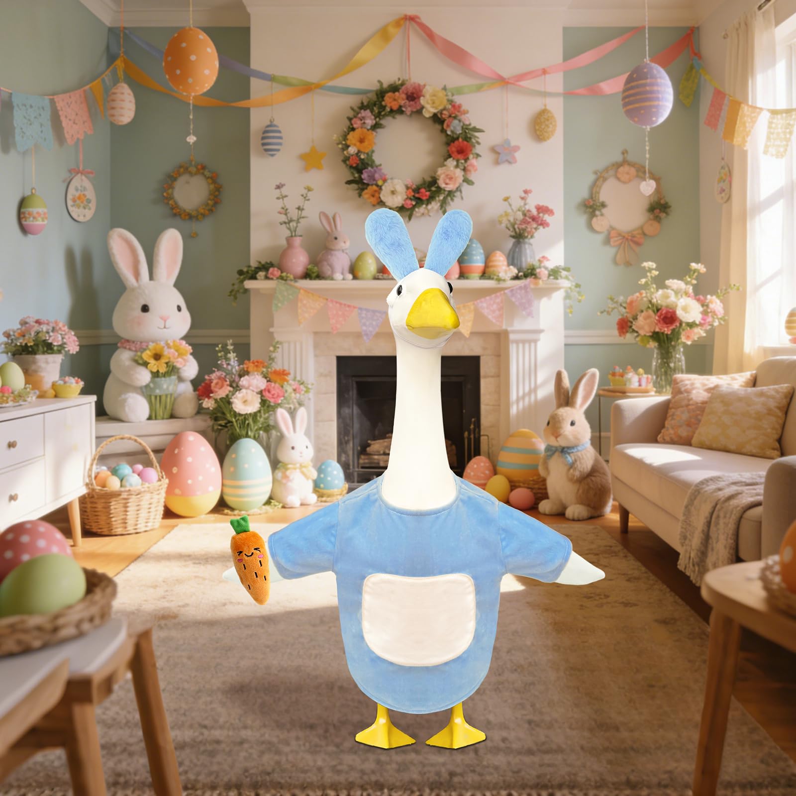 Fuzzivator outdoor yard Easter goose costume enhances yard visuals