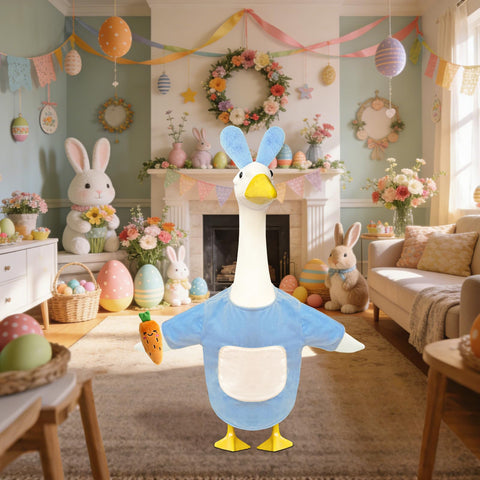 Fuzzivator outdoor yard Easter goose costume enhances yard visuals