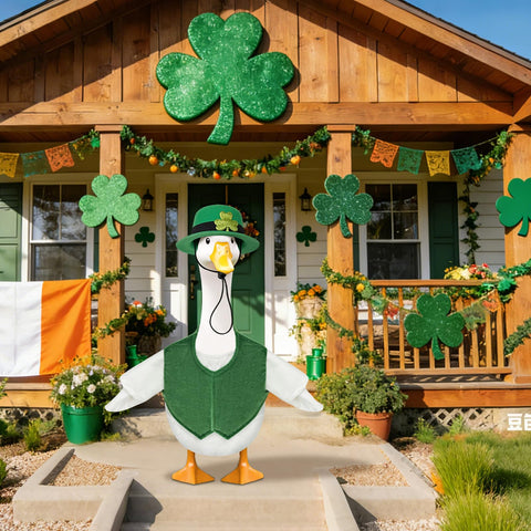 Fuzzivator porch goose outfit sized for 23-inch lawn geese.