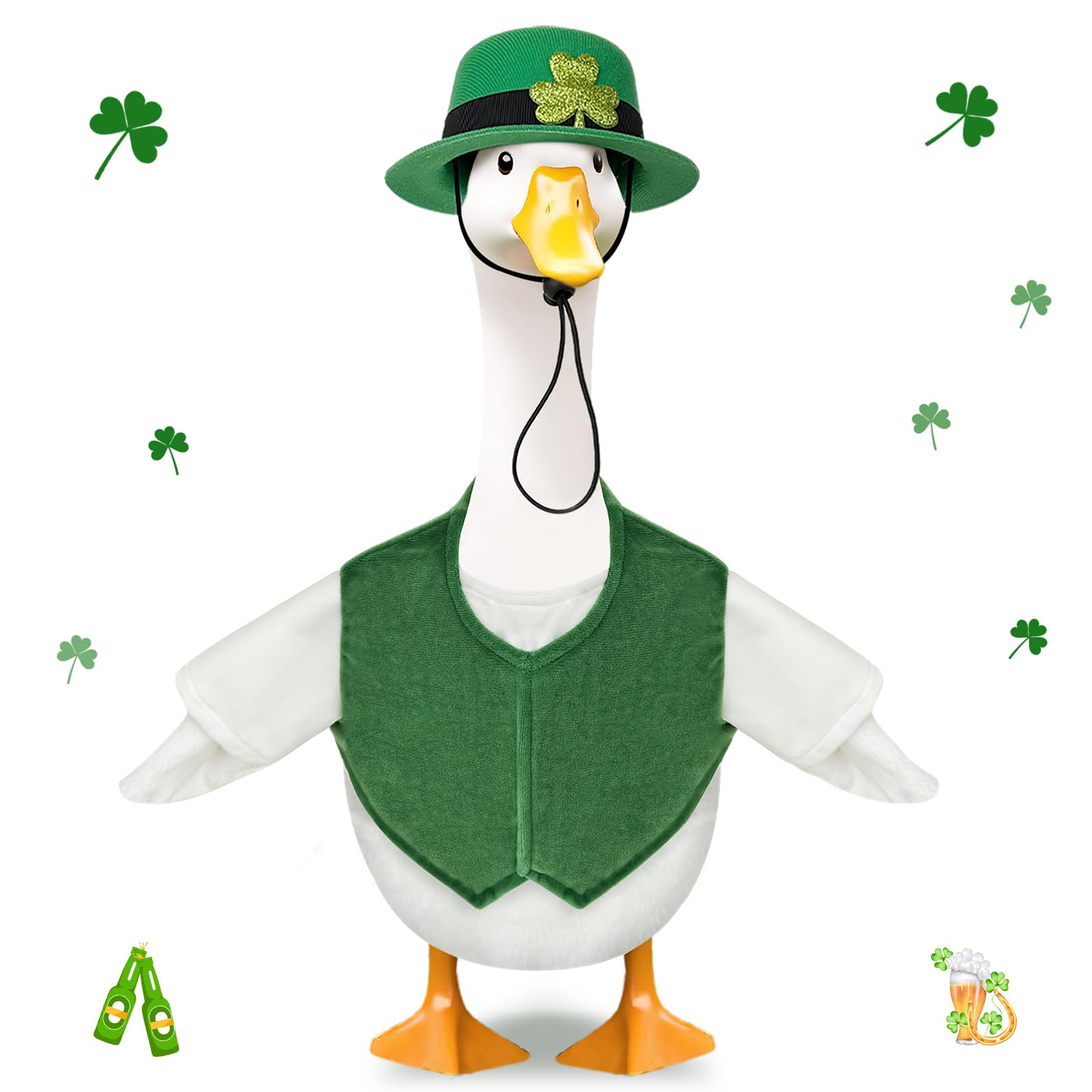 Fuzzivator St Patrick's Day porch goose outfit with hat and cloth for festive decoration.