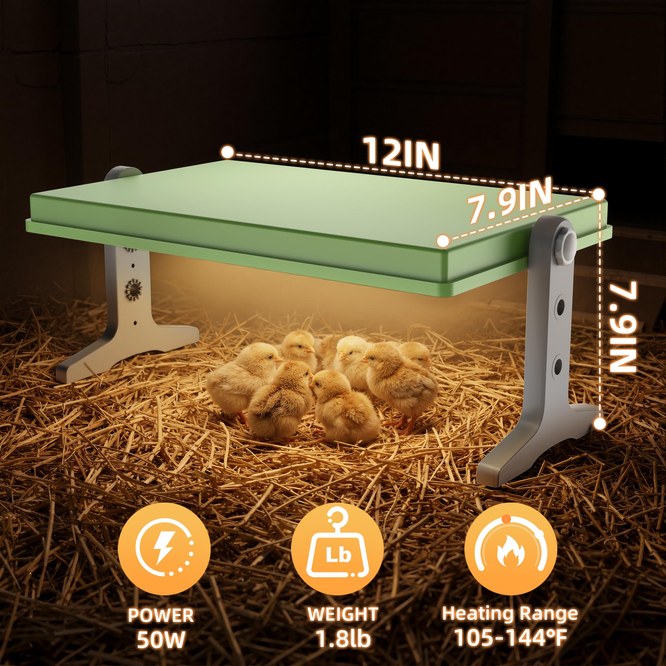 Compact green heater adapts to various brooders and incubations.