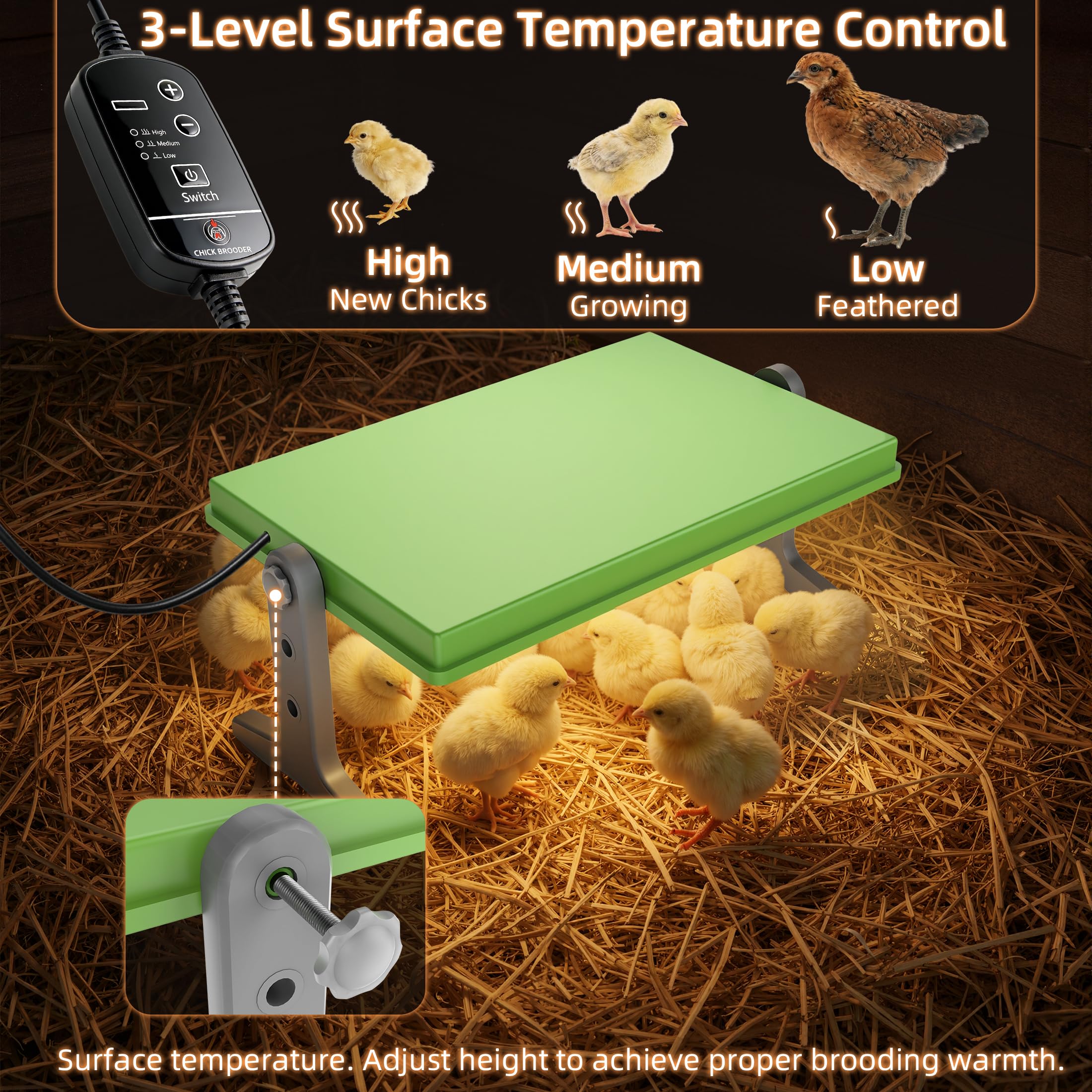 Green Fuzzy Bird brooder plate in use, ideal for chick and duckling care.