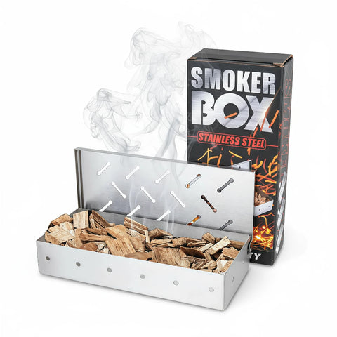 Fving smoker box for gas grill with hinged lid enhances wood chip flavor.