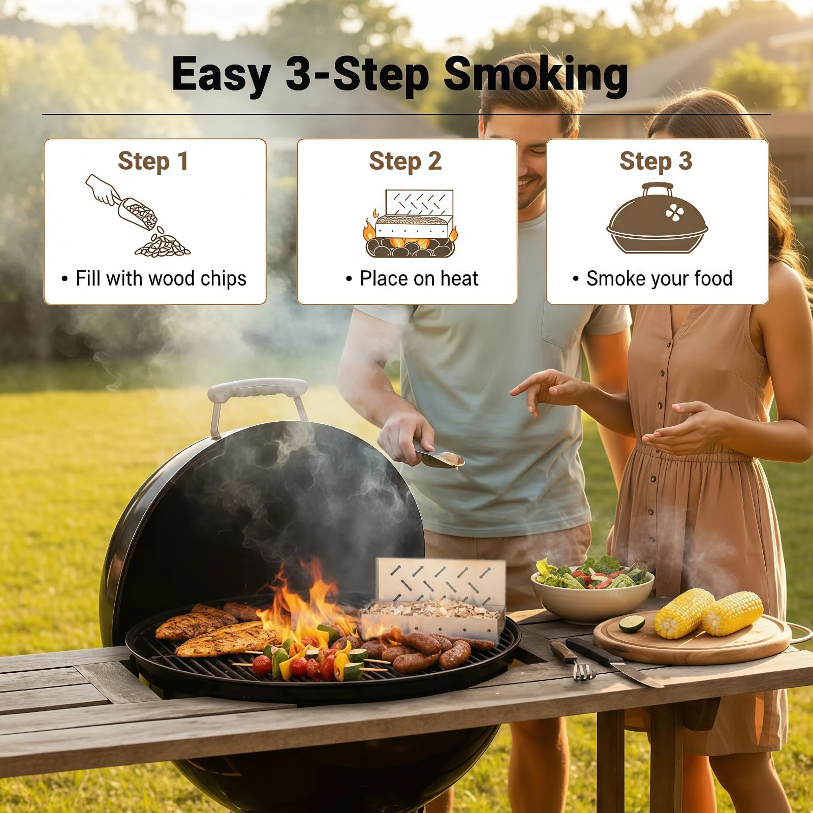 Fving smoker box hinged lid allows easy chip changes during grilling.