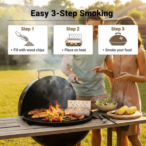 Fving smoker box hinged lid allows easy chip changes during grilling.