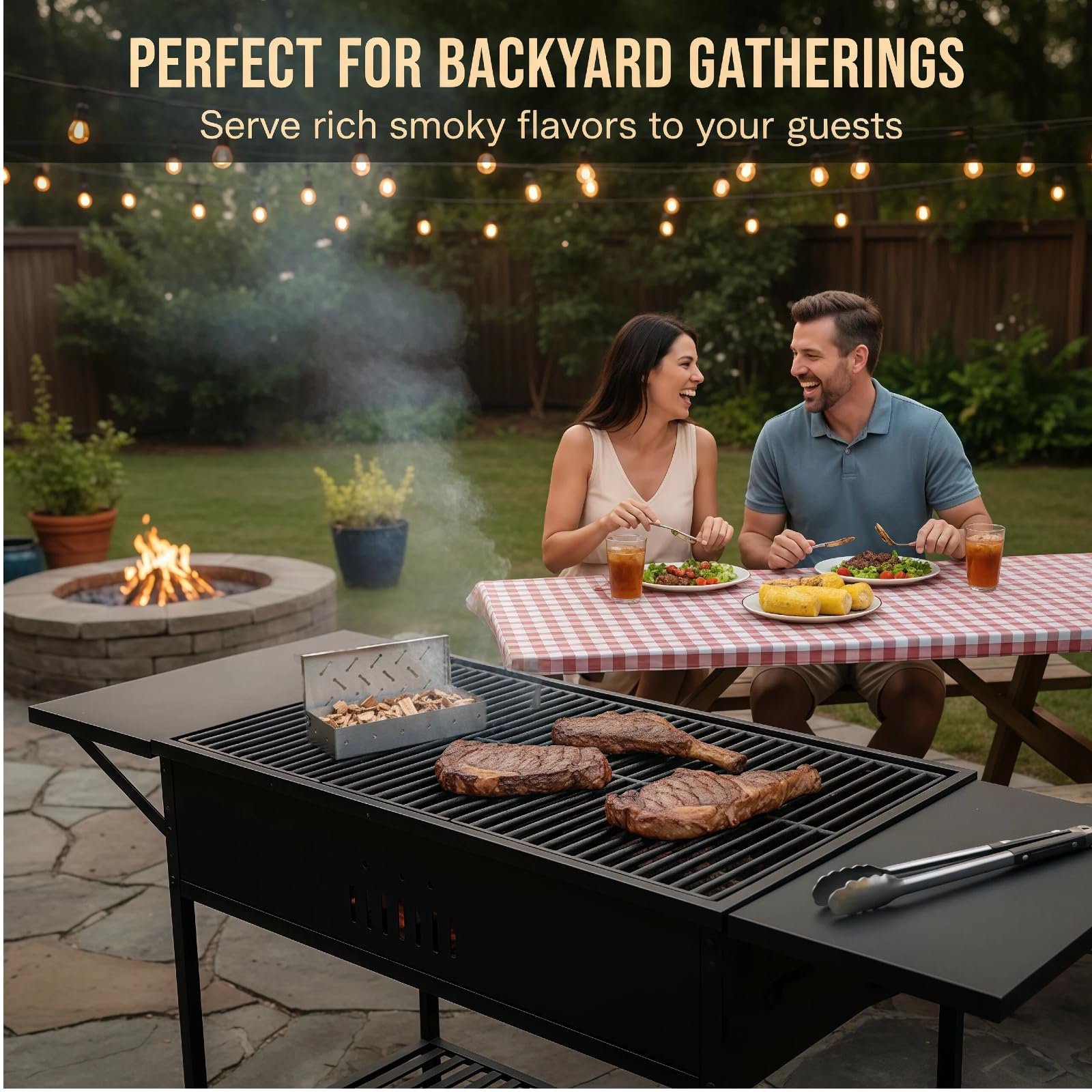 Fving large capacity wood chip box minimizes refills during gatherings.