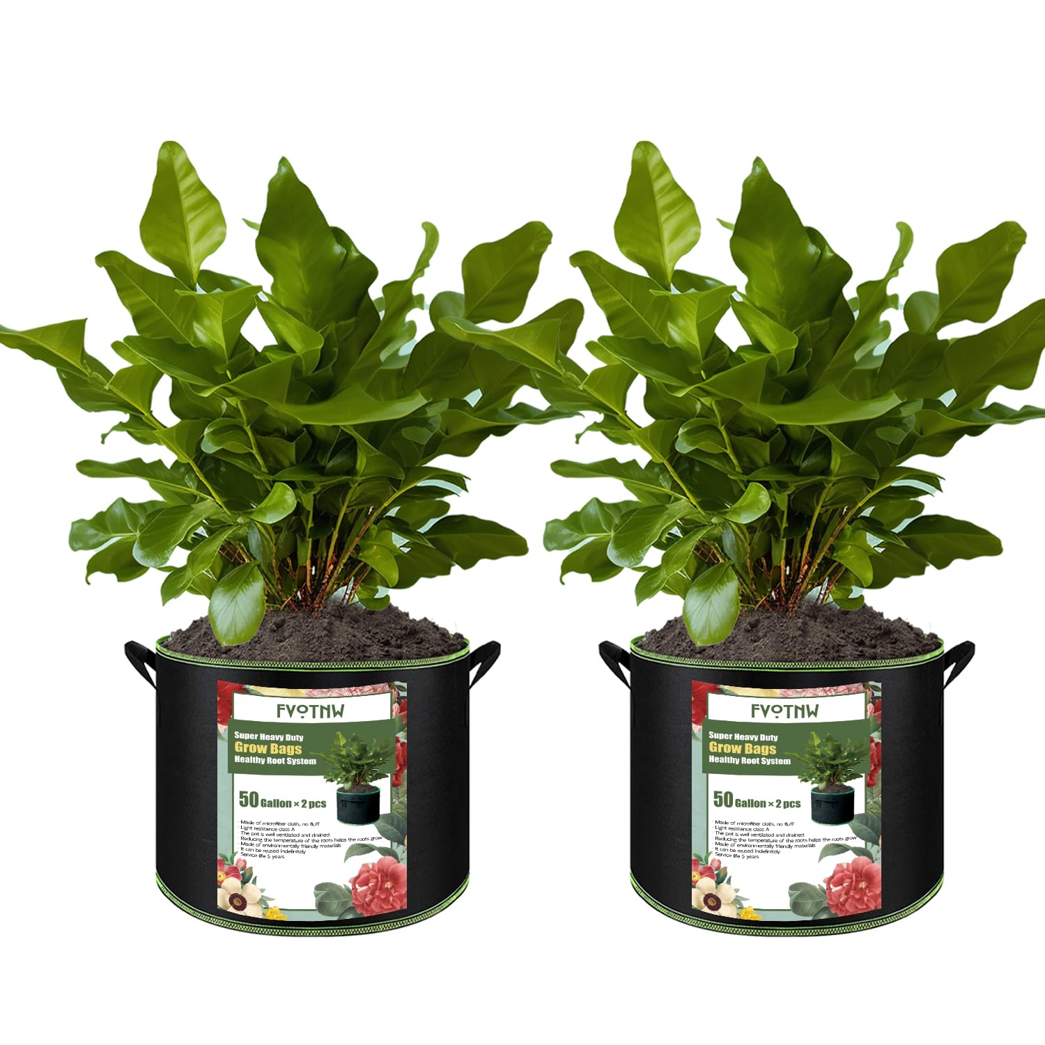 FVOTNW 2-pack grow bags with 50-gallon capacity for vegetables.