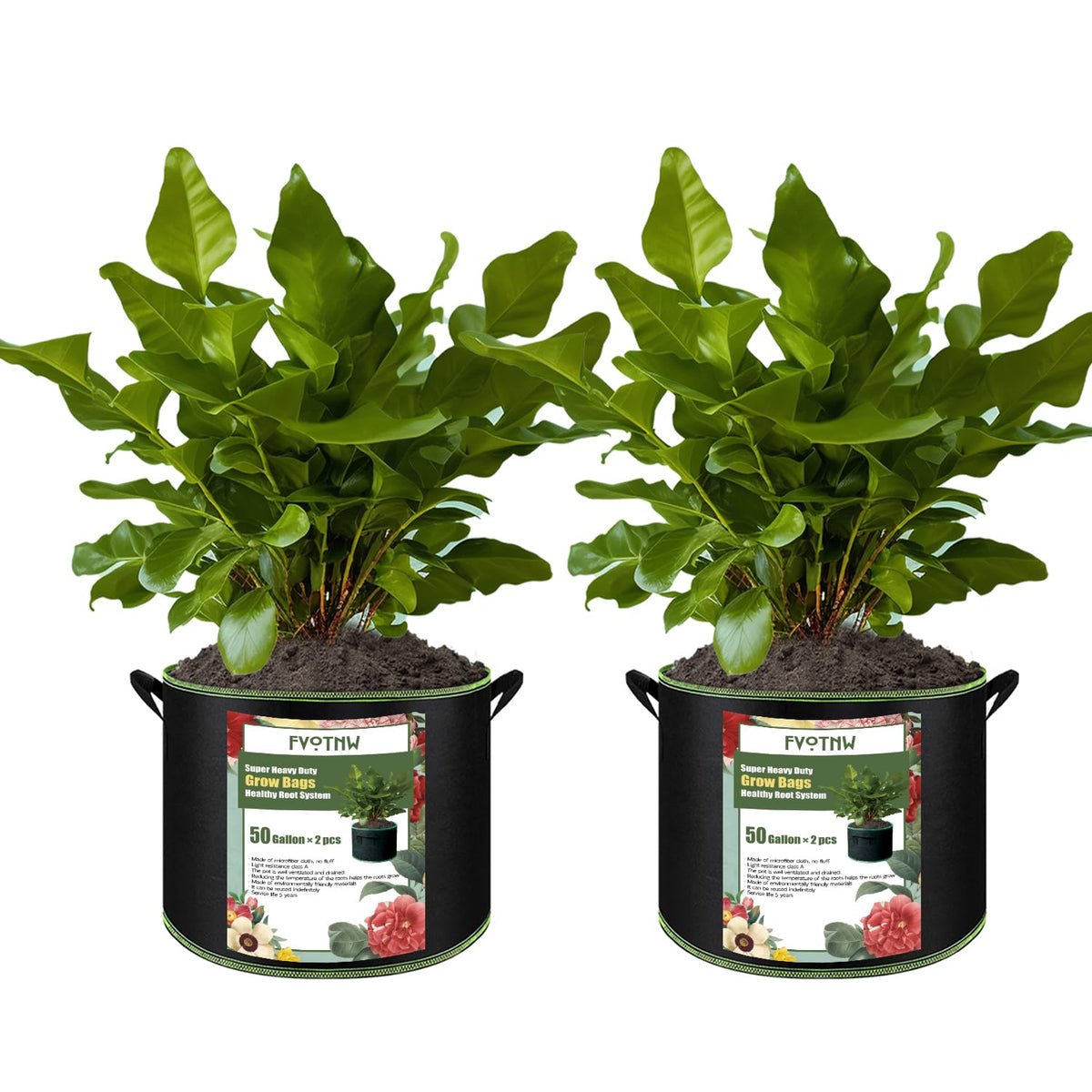FVOTNW 2-pack grow bags with 50-gallon capacity for vegetables.