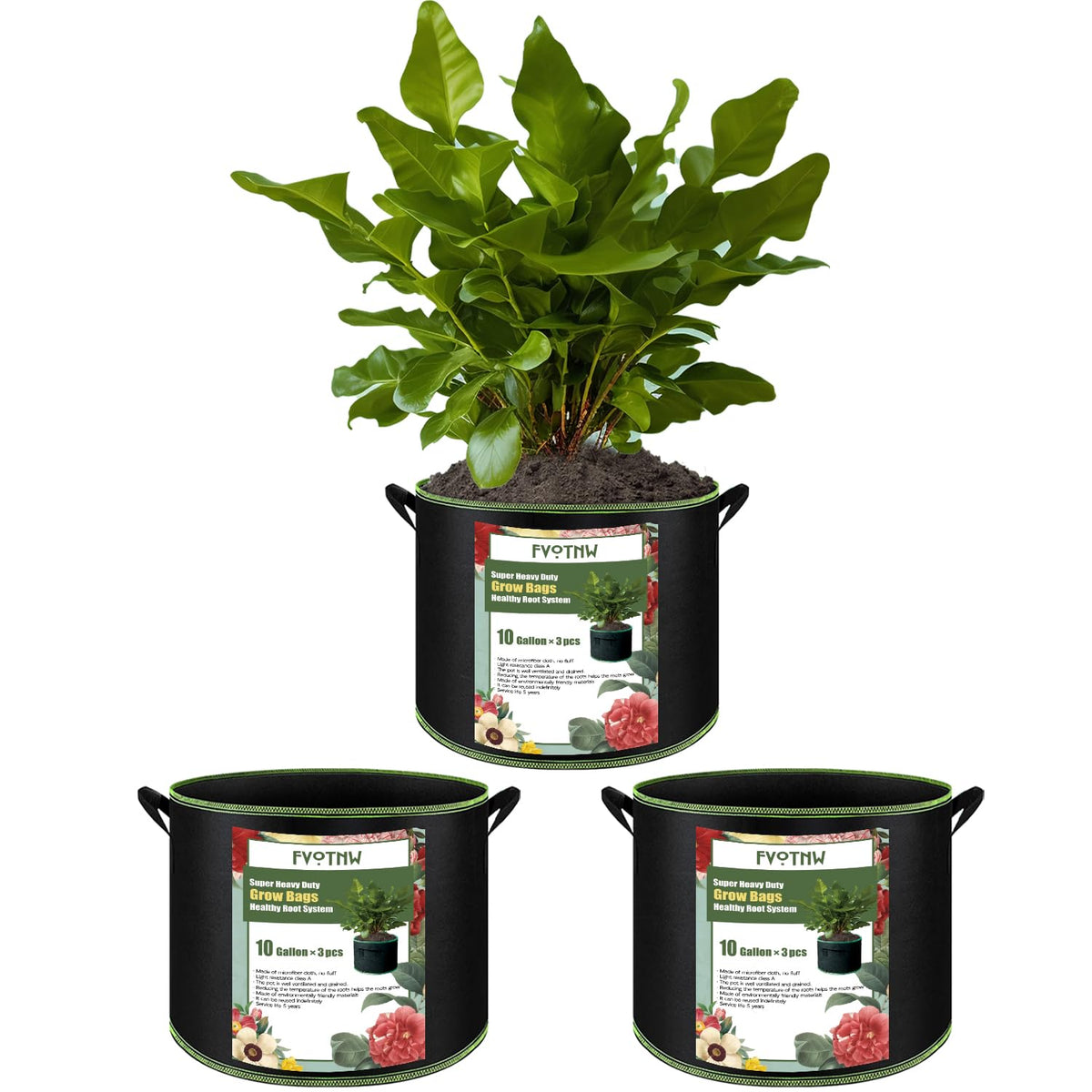 FVOTNW 3-Pack 10 Gal Grow Bags, top view, breathable fabric for healthy roots.