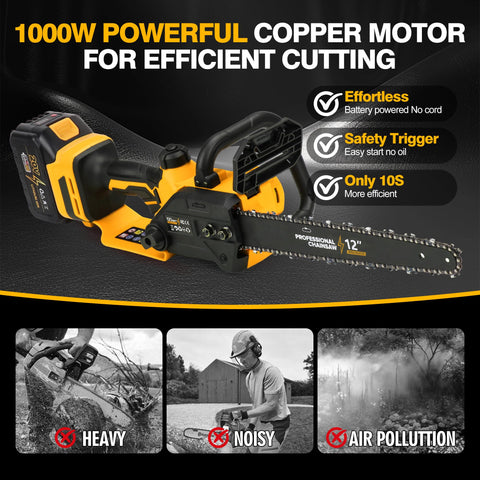 FXAFXA brushless motor 12in chainsaw delivering smooth, fast wood trimming