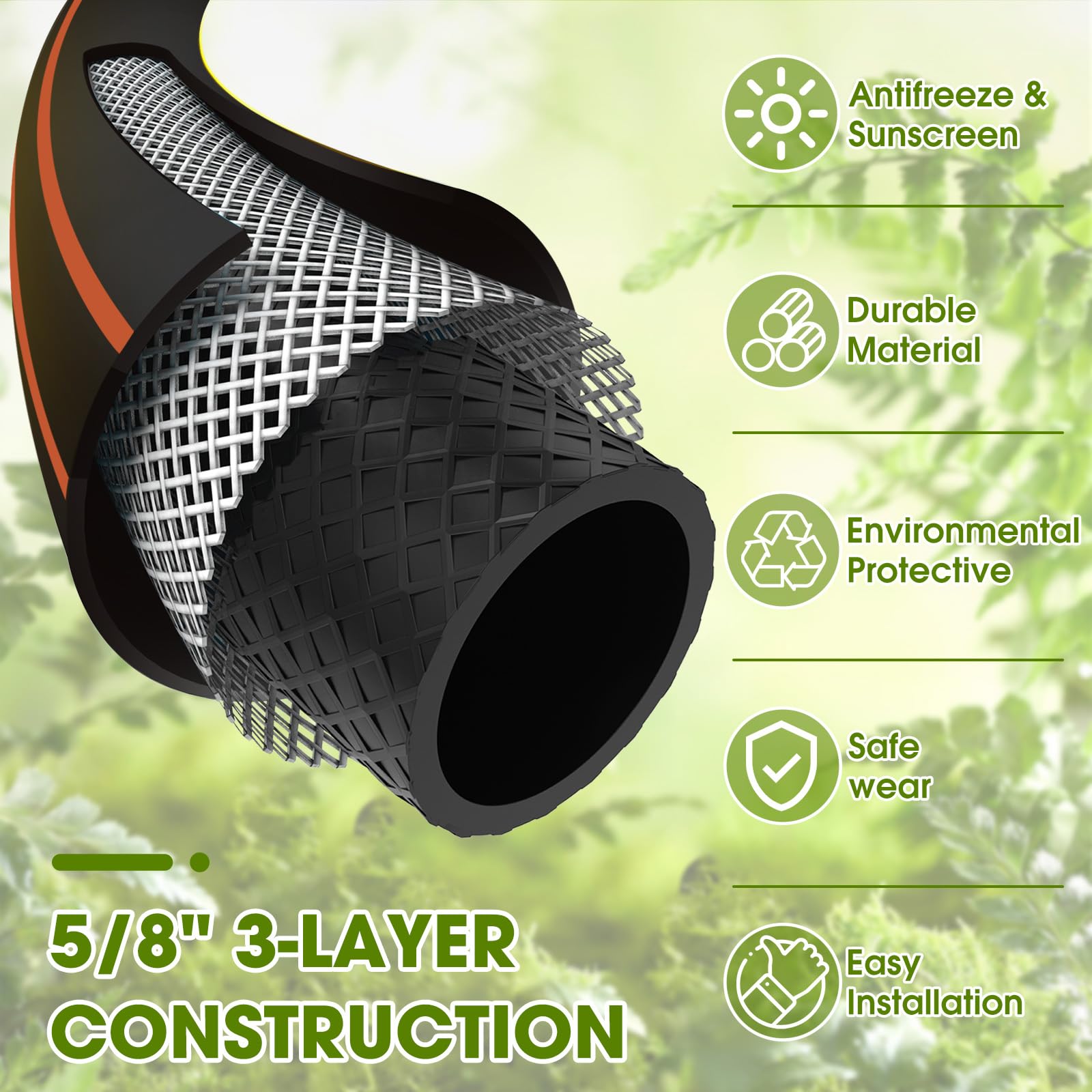 FXFOUCS fifty-foot-length hose provides ample reach for yard, patio, and vehicle washing