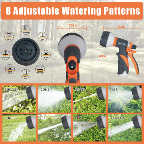 FXFOUCS nozzle showing 8-pattern dial for versatile watering control.
