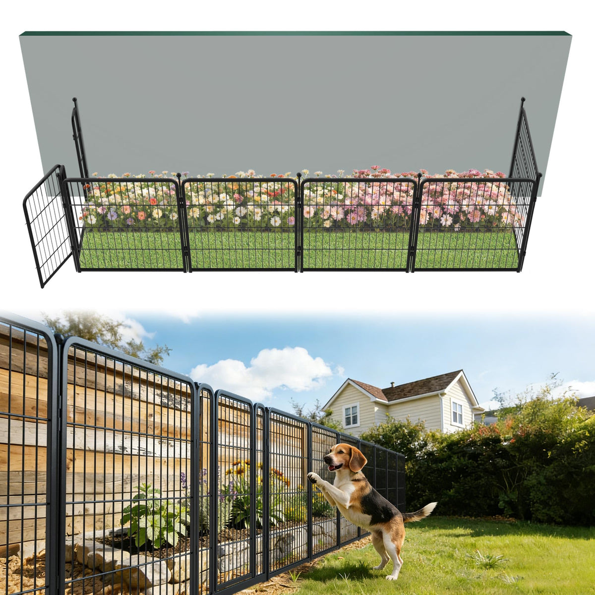 FXW Garden Fence 32in panel in black provides durable outdoor containment for pets.