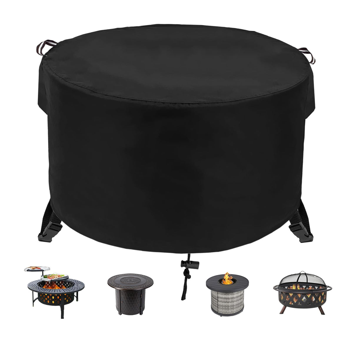 Fyelo round fire pit cover shields a 36-inch diameter pit from rain and dust
