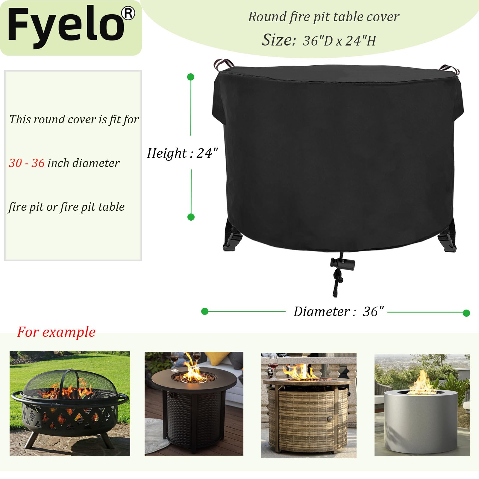 Fyelo round fire pit cover shows strap and buckle detail for secure fit against strong winds