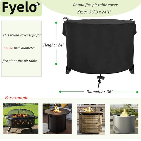 Fyelo round fire pit cover shows strap and buckle detail for secure fit against strong winds