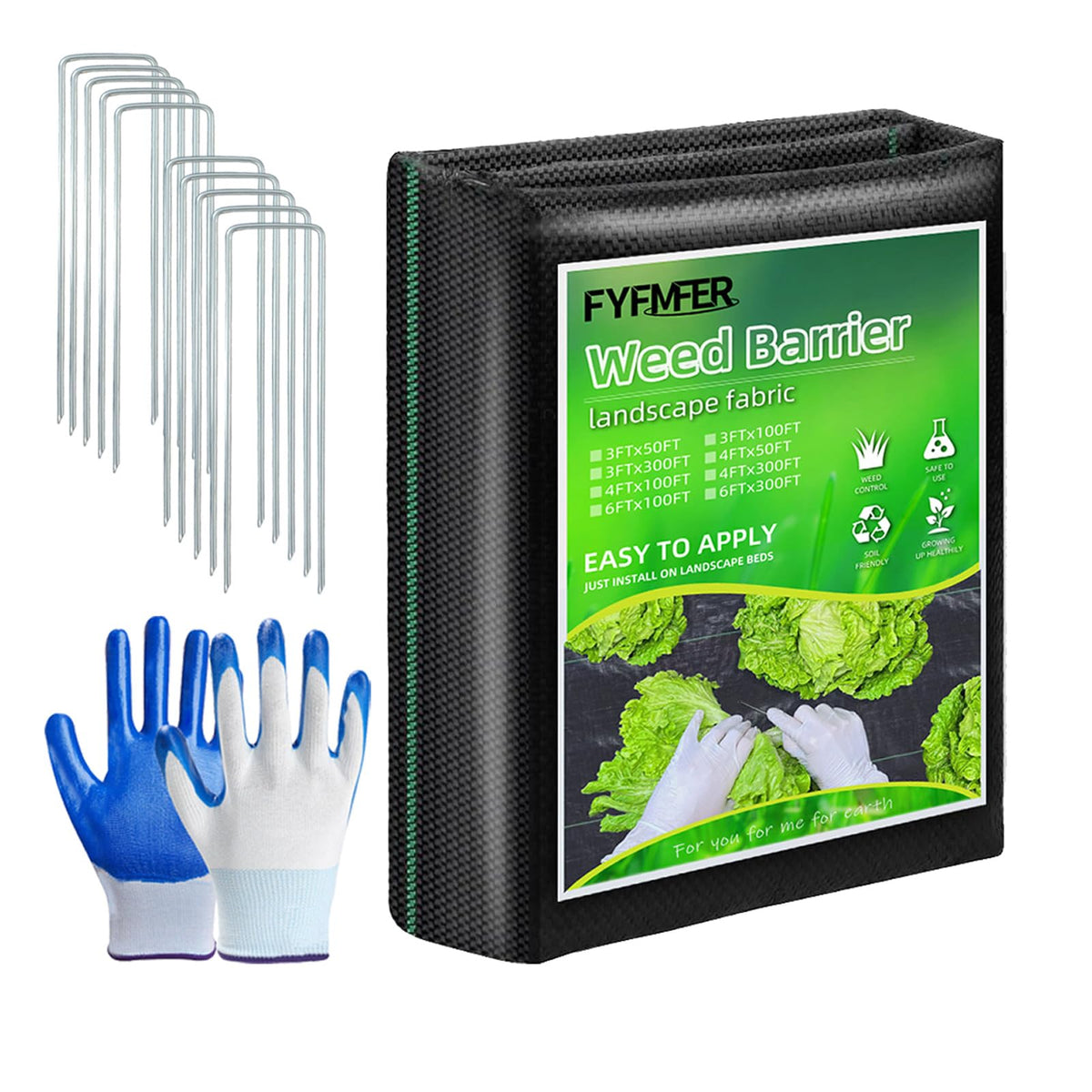FYFMFER weed barrier fabric unrolled over soil to block weeds while allowing water through.