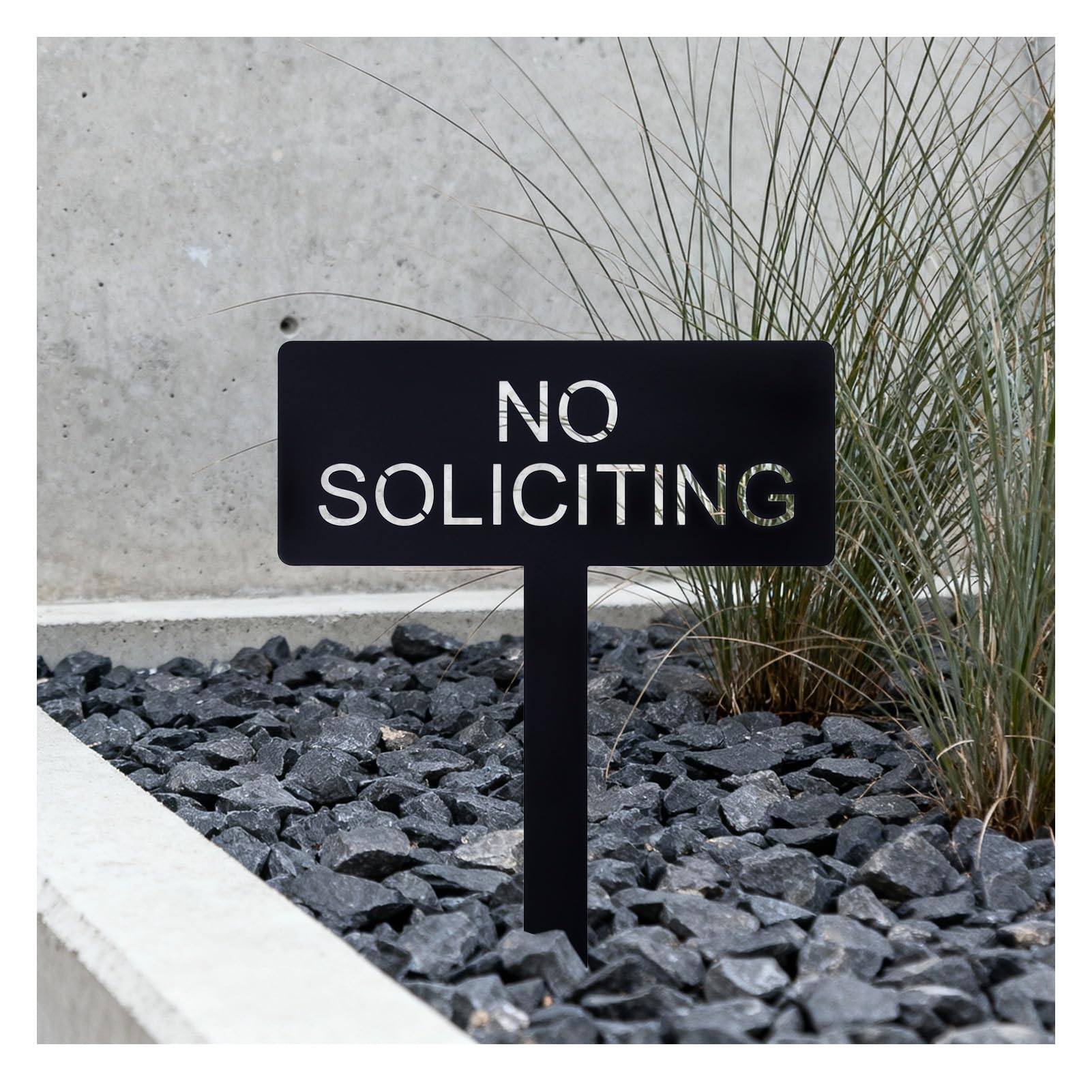 Fynleka No Soliciting sign front view in the yard with clear boundary messaging.