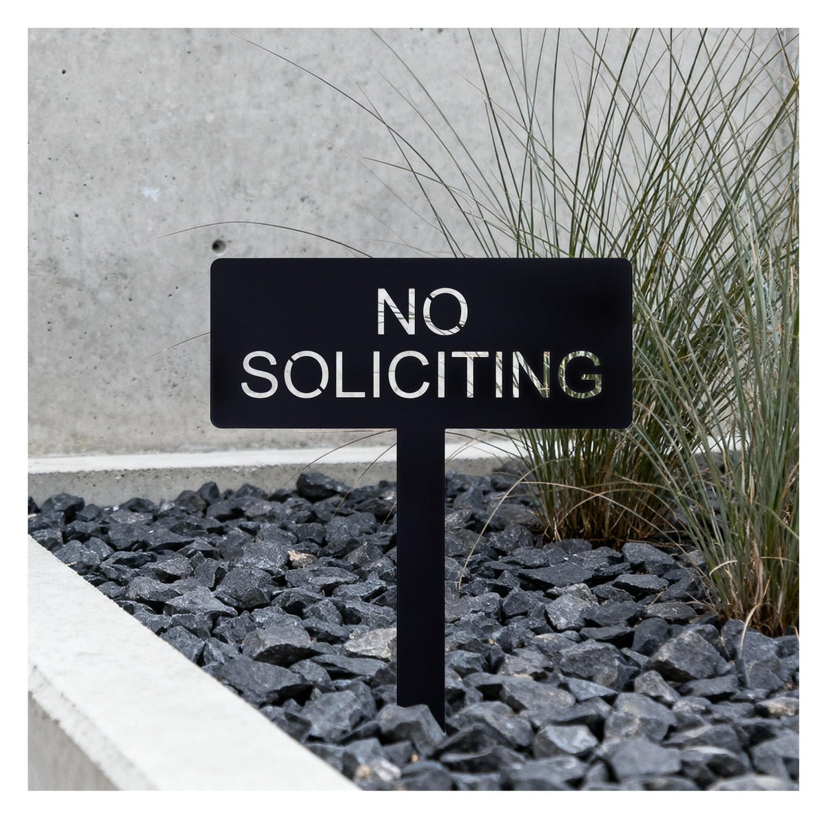 Fynleka No Soliciting sign front view in the yard with clear boundary messaging.