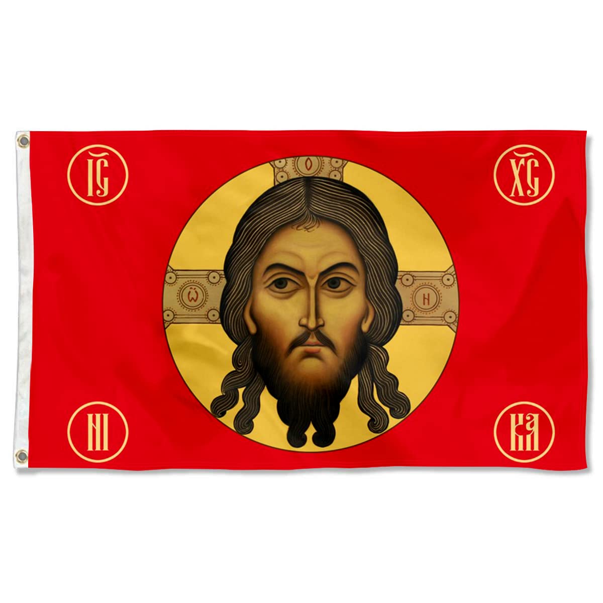 Fyon Jesus Imperial Gonfalon flag back view, durable polyester for weather-ready setting.