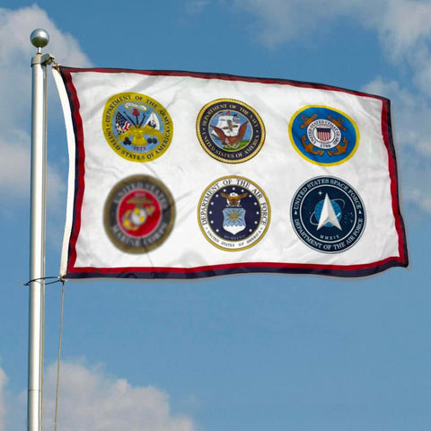 Fyon US Armed Forces flag 3x5ft back view, mirrored image ensures rear visibility during outdoor display.