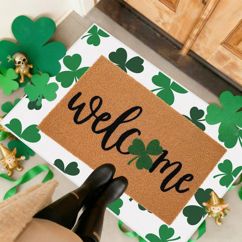FYSUIMU front door setup featuring the doormat and rug for St Patrick's Day decor.