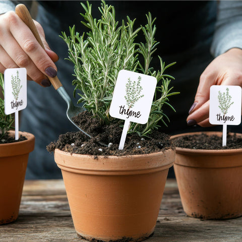 FYSUIMU herb-name labels help track garden progress and care.