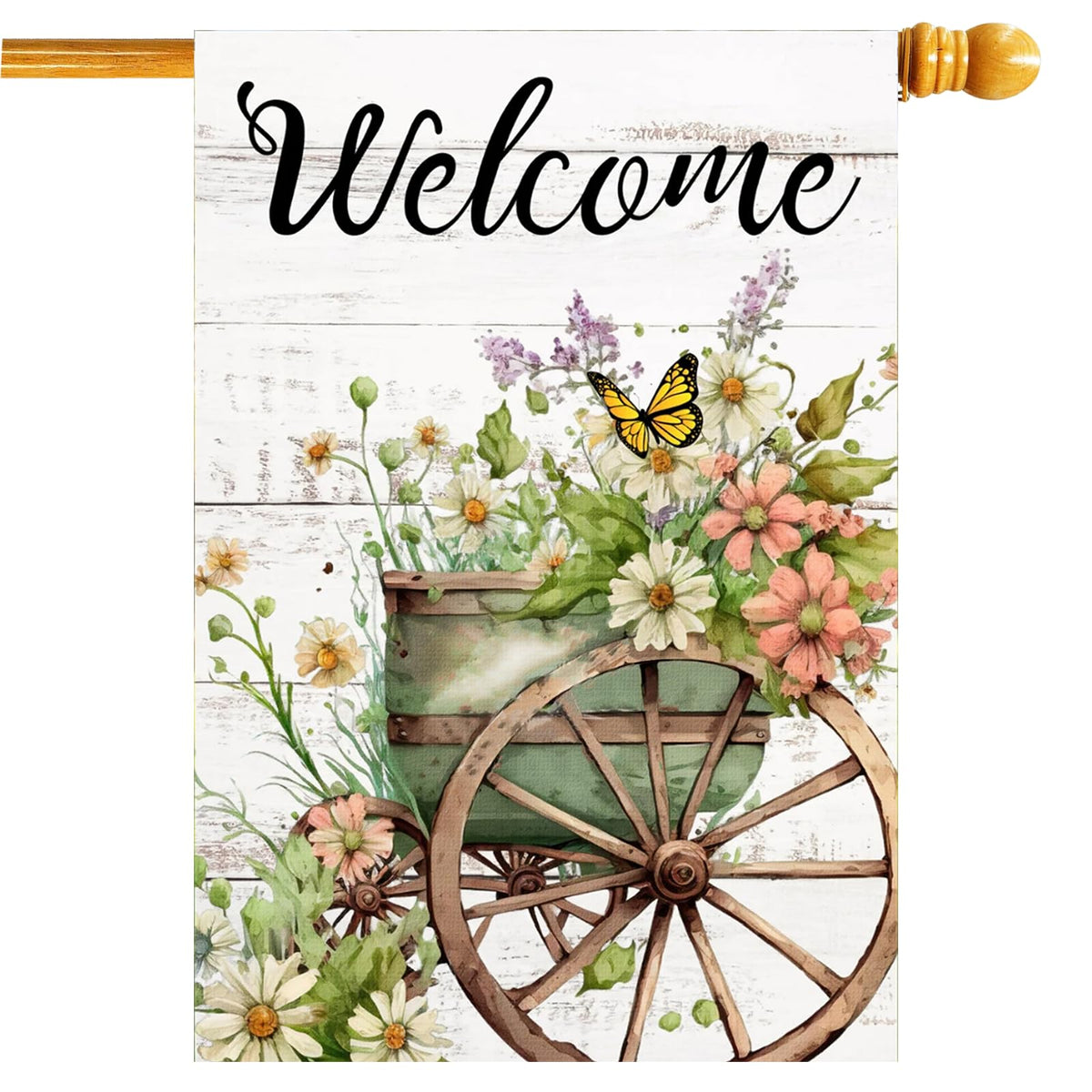 FZMHASLWW Spring Flags welcome floral wagon wheel for curb appeal