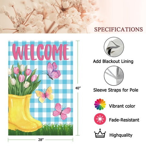 FZMHASLWW spring flag shows butterflies on blue gingham for porch charm.