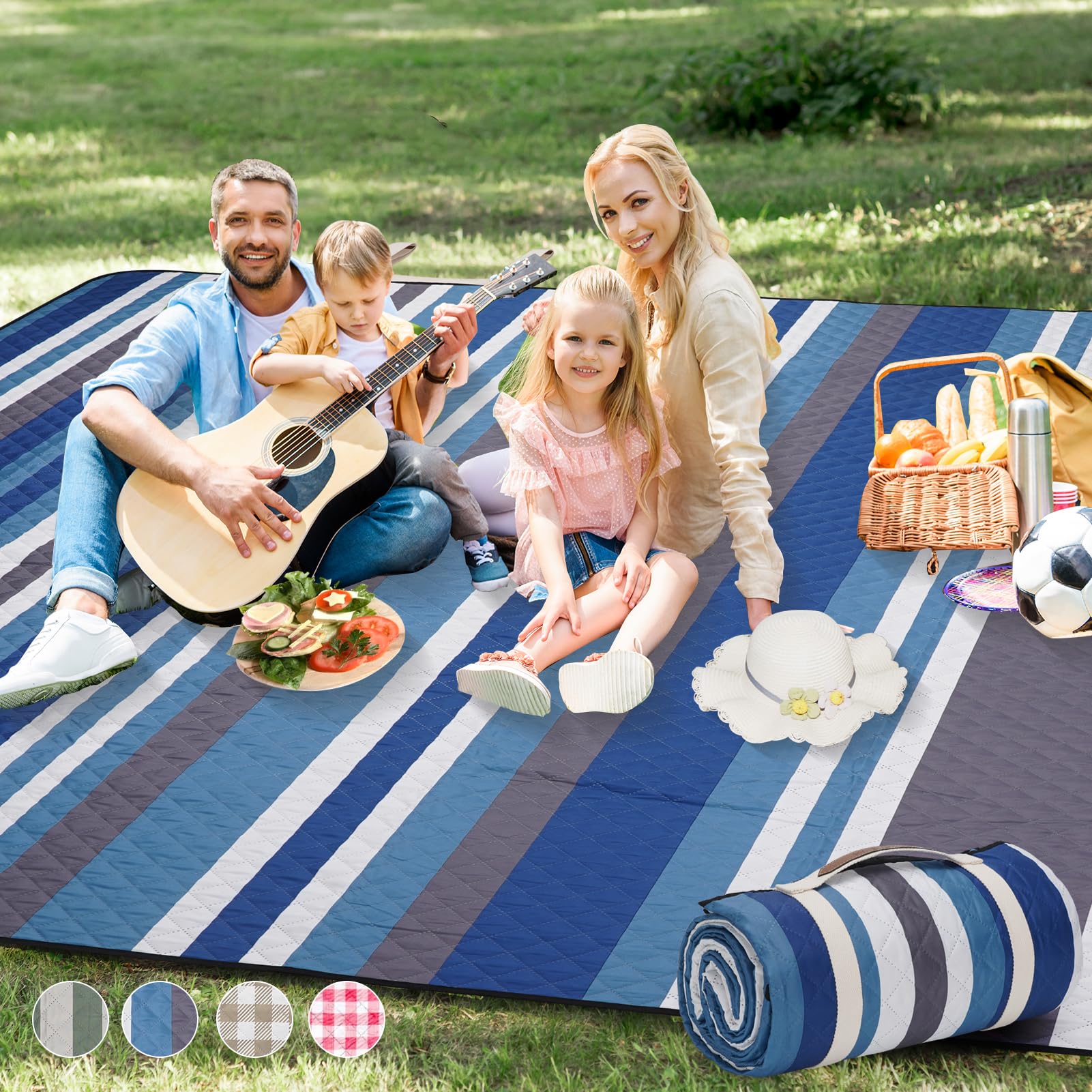 G GOOD GAIN picnic blanket with blue strip top, ideal for outdoor picnics