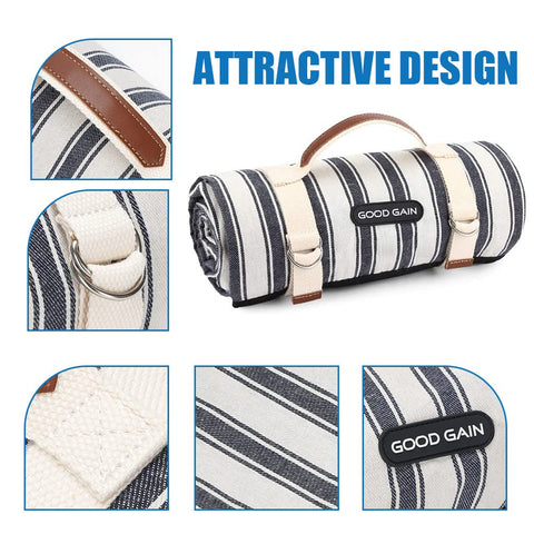 G GOOD GAIN picnic blanket with handle straps ready to carry on the go.