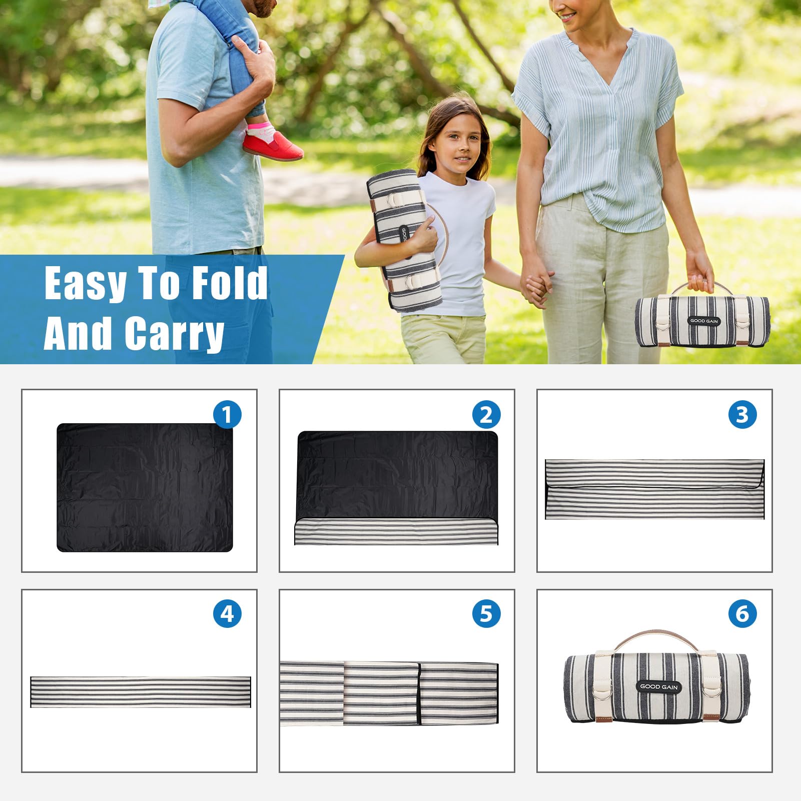 G GOOD GAIN beach-ready blanket offers soft seating on sandy shores.