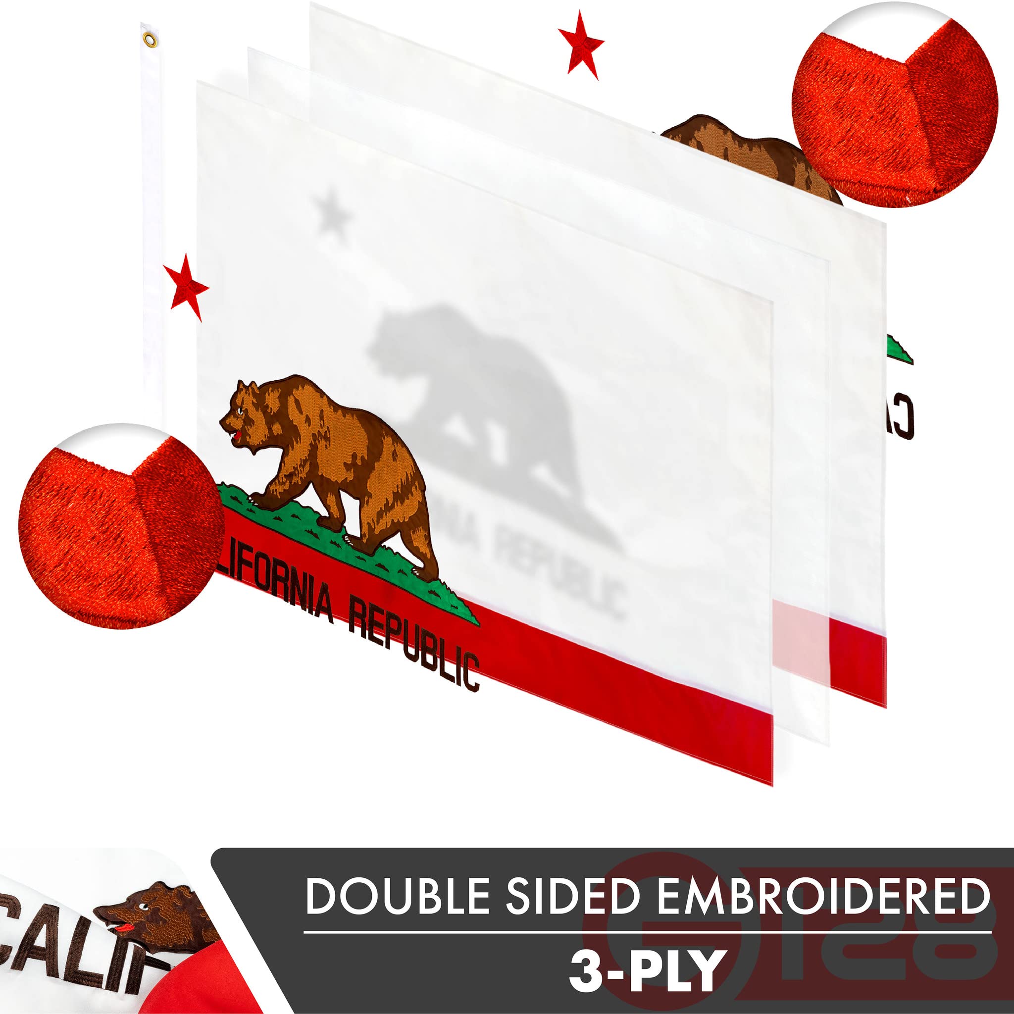 G128 California flag 3x5 highlighting heavy-duty polyester weave for durability.