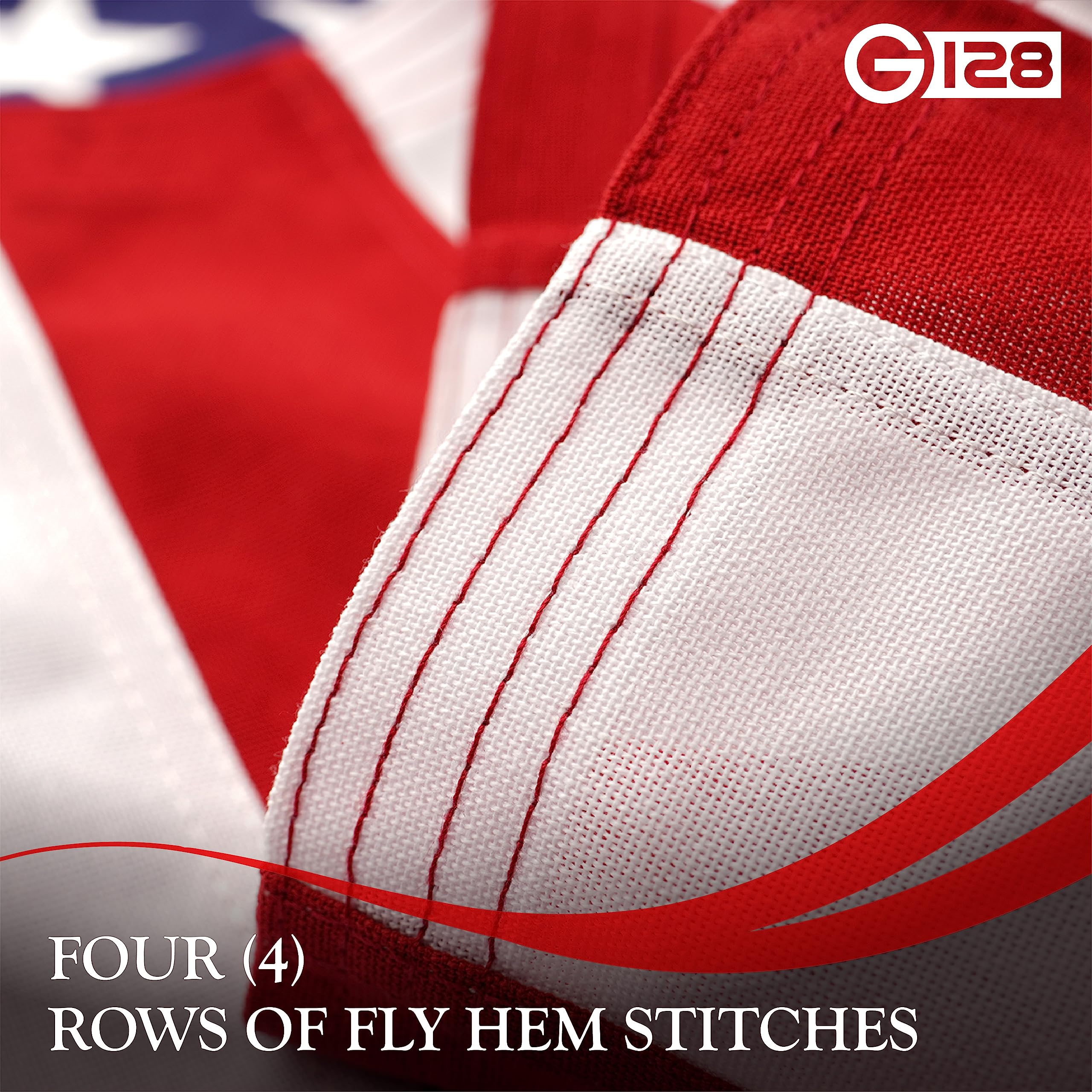 G128 four-row lock-stitching on fly hem boosts wear resistance.