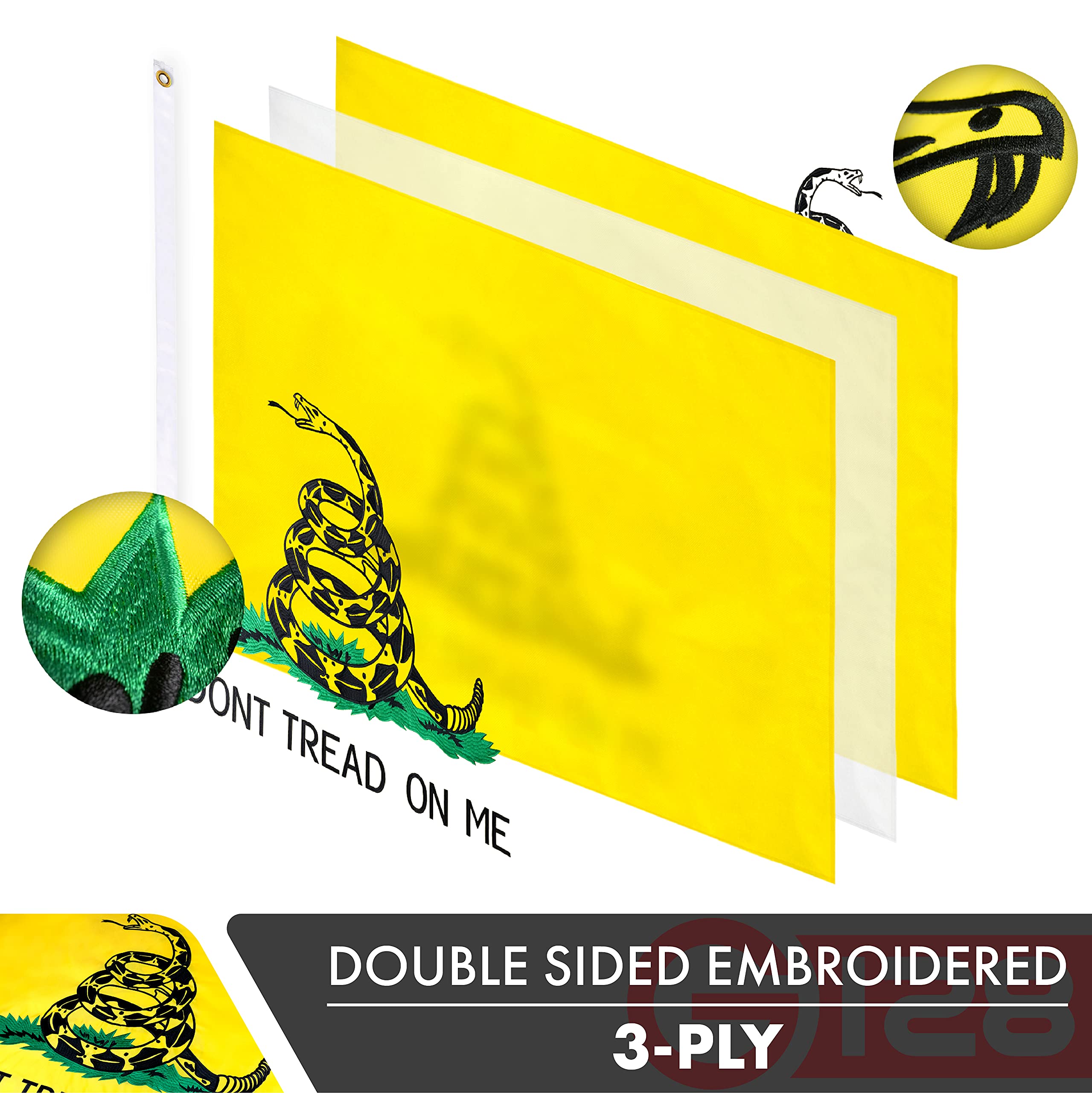 G128 Gadsden flag embroidery detail highlights tight stitching for durability